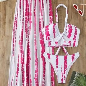 Pink and White Bikini Set with Cover-Up